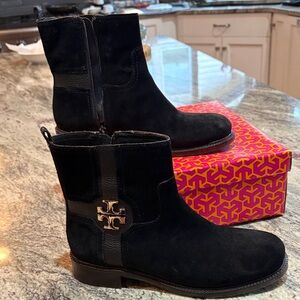 Tori Burch Black Suede Ankle Boots with Gold Logo